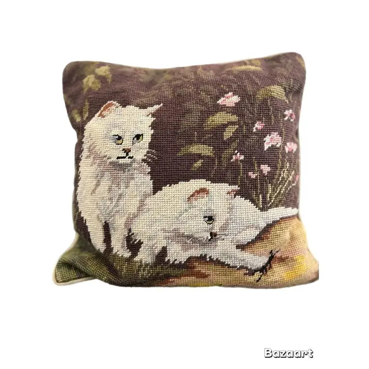 Vintage Wool Needlepoint Kitty Cat Pillow With Velvet Back
