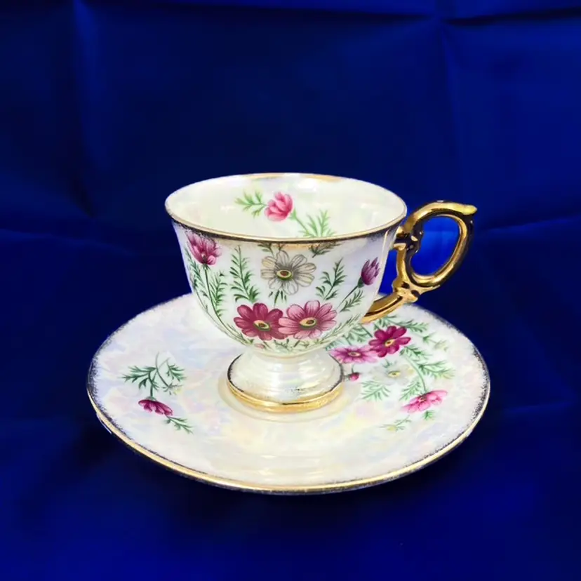 October Cosmos Demitasse Cup Saucer Lusterware Gilded trim UCAG Co 1960's Japan