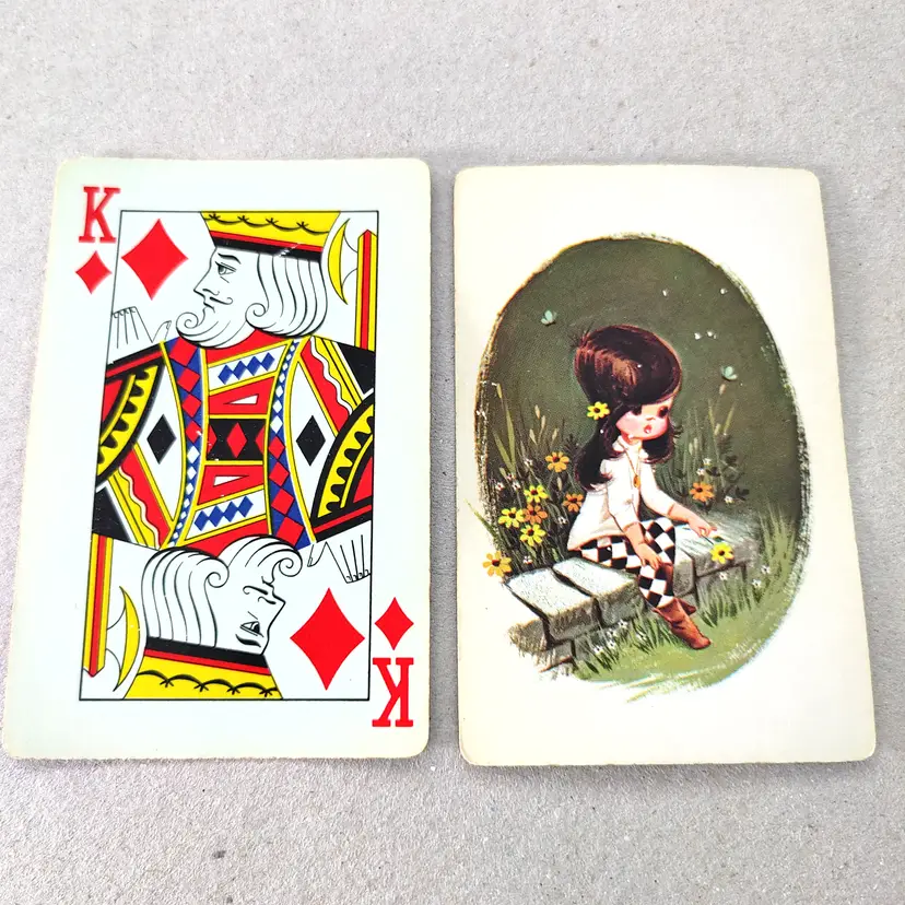 1 Single Swap Card - Playing Card. Vintage MCM Mod Harlequin Girl with Flowers. Made in MN. Dimension 2.5 x 3.5. Read description.