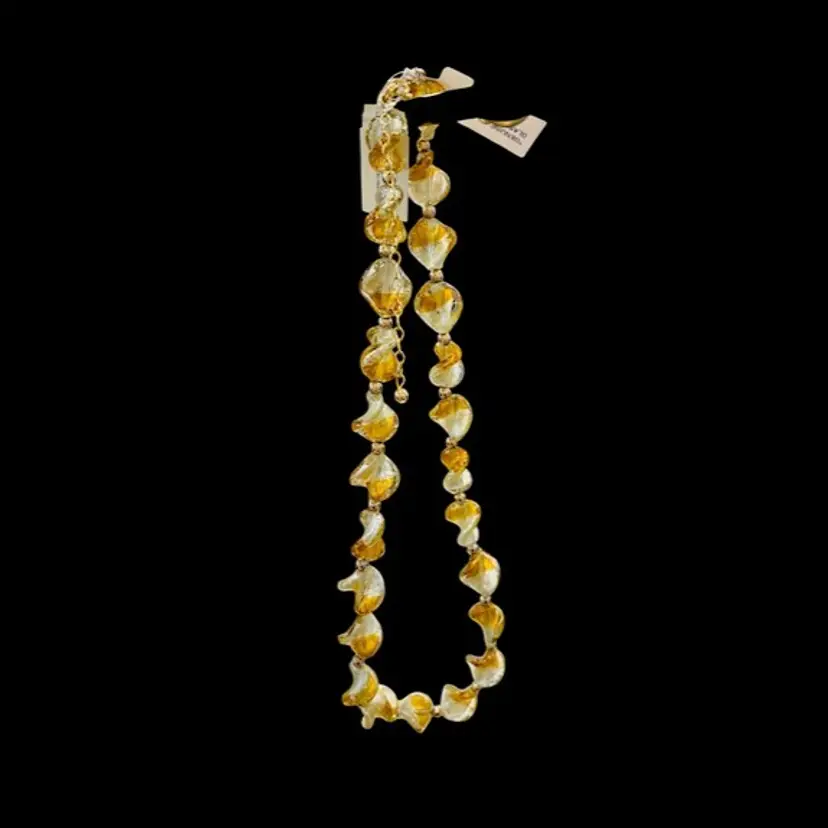 Macy’s Genuine Glass Bead Necklace – 16” Gold & Clear Swirl Beads