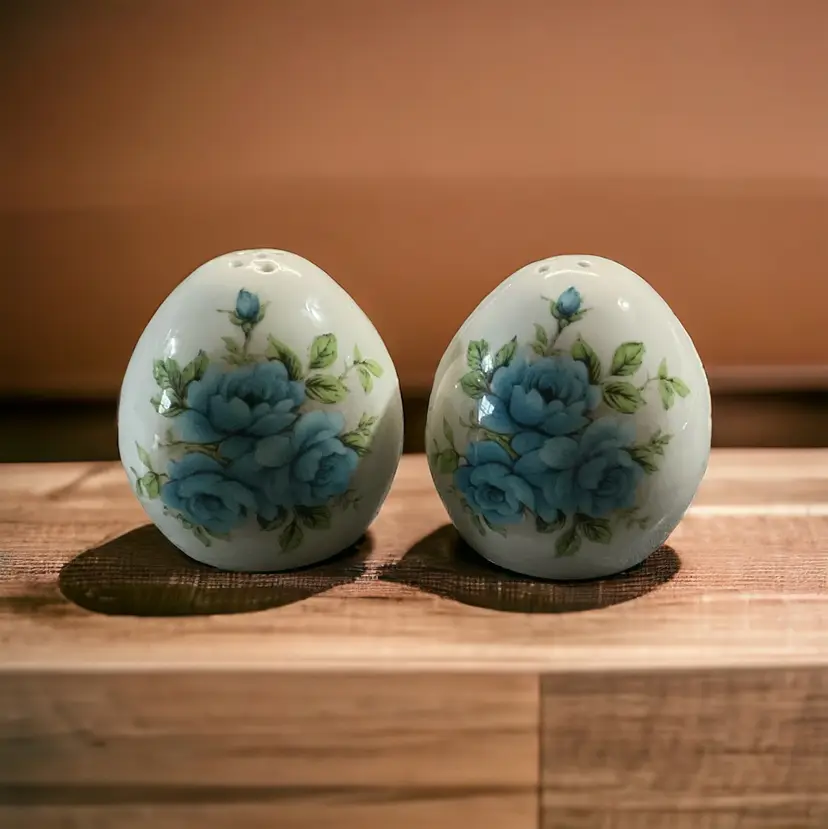 Sandford Fine Bone China Egg Salt & Pepper Shakers England Blue Flowers No Plugs