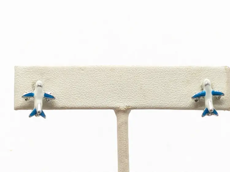 Silver Tone Airplane Stud Pierced Earrings Blue and White