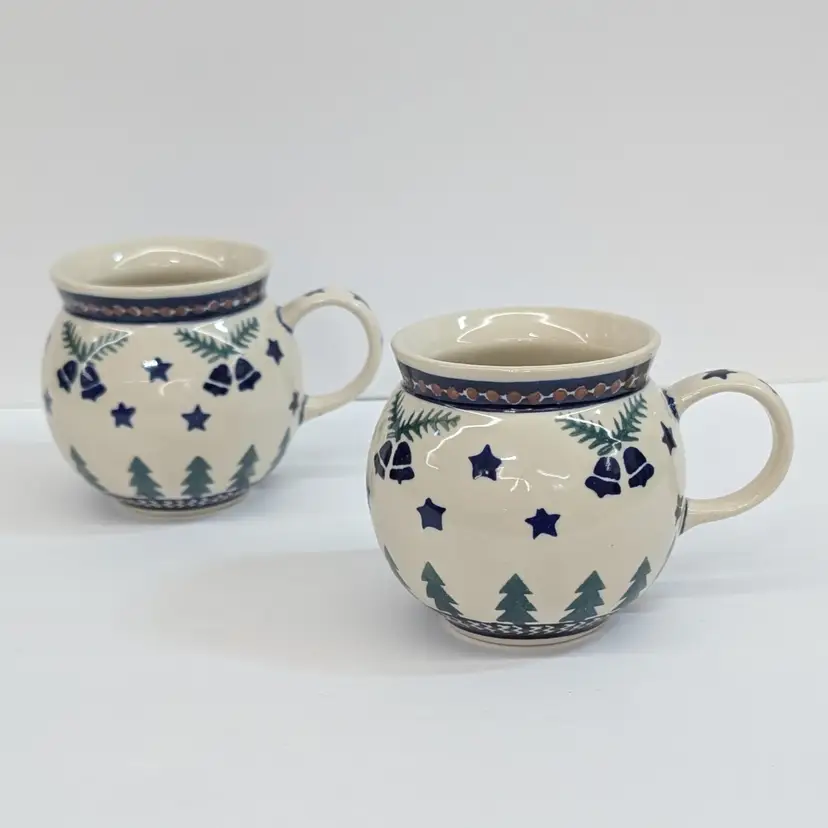 Vintage 2 Polish Wiza Ceramic Pottery 10oz Bubble Mugs Christmas Tree Bells Star