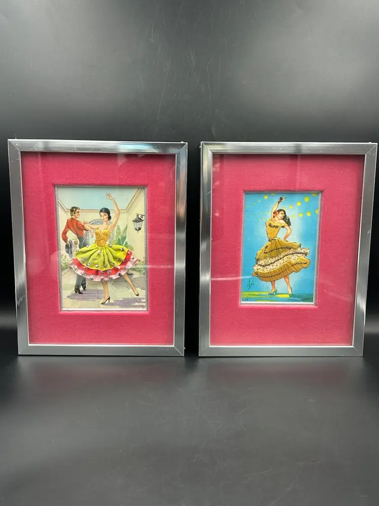 2 Vintage Framed With Pink Velvet Mat, Spanish Dancer, Postcards, 3-D, Cloth And Needle Point