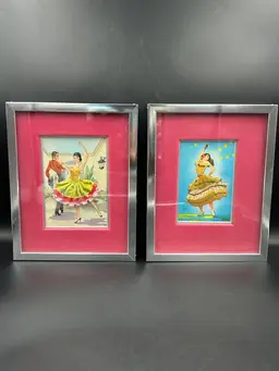 2 Vintage Framed With Pink Velvet Mat, Spanish Dancer, Postcards, 3-D, Cloth And Needle Point