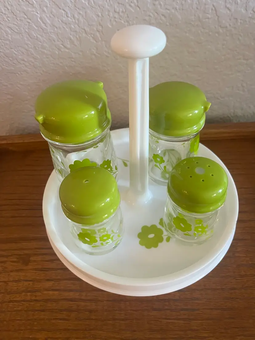 Vintage Lime Green Glass Chinese Condiment Set with Lazy Susan, 5 piece Set
