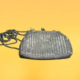 34. Heavily Beaded Silver Metallic Shoulder Bag with Chain Strap Zip Closure Small