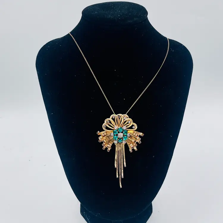 1940s M&S 12K Gold Filled Ribbon Pendant Necklace with Emerald Green Rhinestones