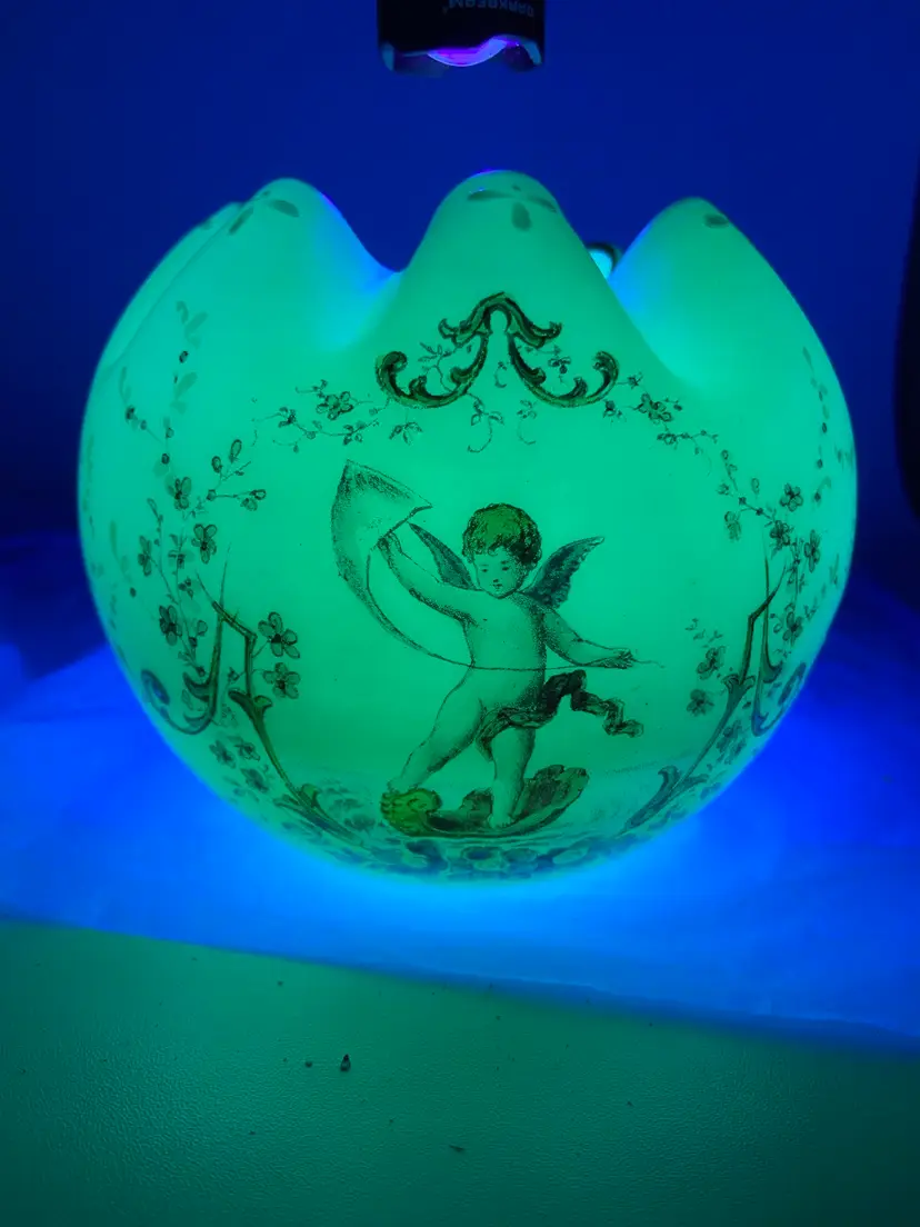 Handpainted Glowy Rose Bowl Angel Cherub Cupid