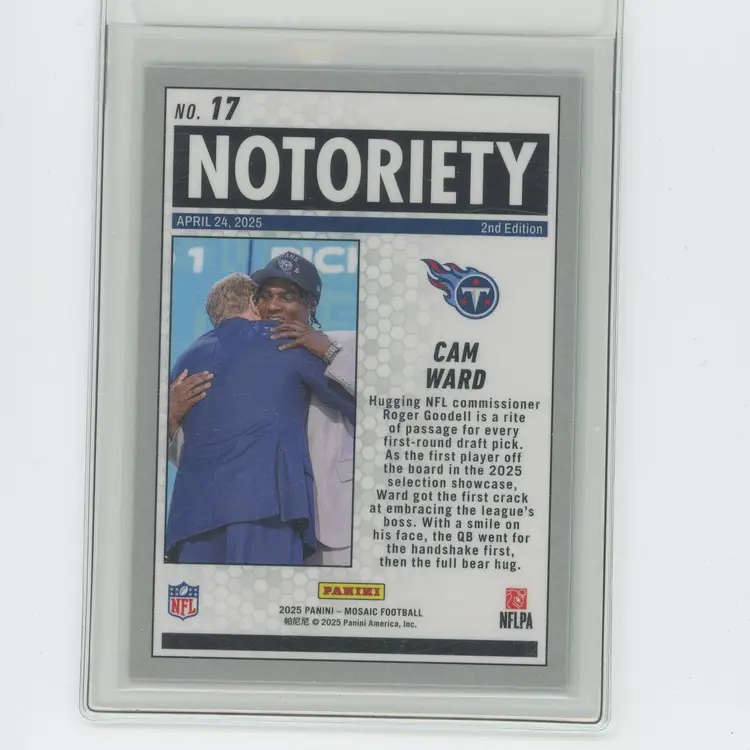 Football 2025 Panini Mosaic Notoriety Cam Ward #17 Silver Prizm (RC) Tennessee Titans