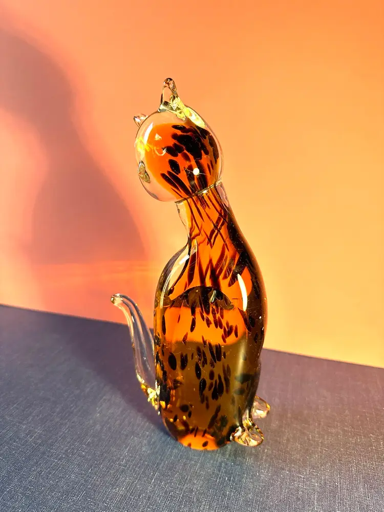 Art Glass Cat Figure Leopard Look Amber Black and Clear 9” tall No Issues