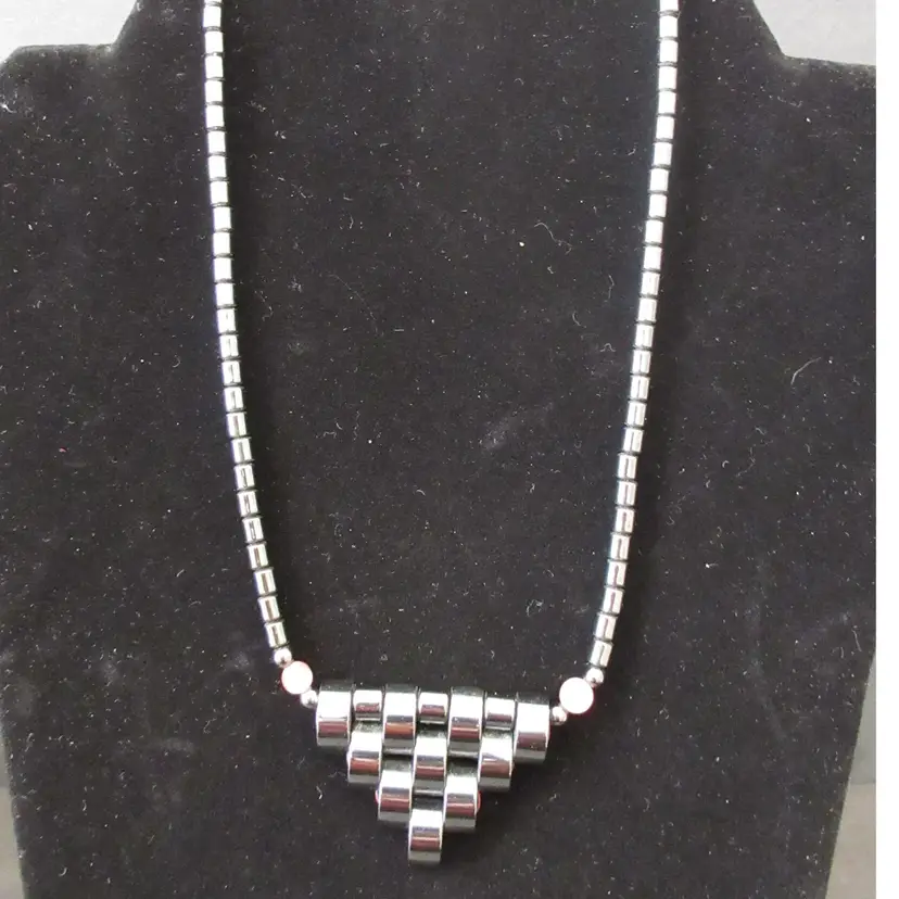 Vintage Art Deco Style Hematite Statement Necklace with Barrel Clasp - Sectioned Pendant & Pink Acrylic Beads - 18"