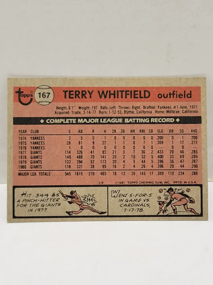 1981 Topps Terry Whitfield #167 San Francisco Giants Baseball Card