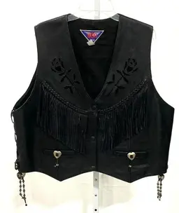 NEW Women's Black MOB Genuine Leather Motorcycle Riding Vest With Side Lace, Tassel Fringe And Silver Metal Accents Size 22 (XL/XXL)