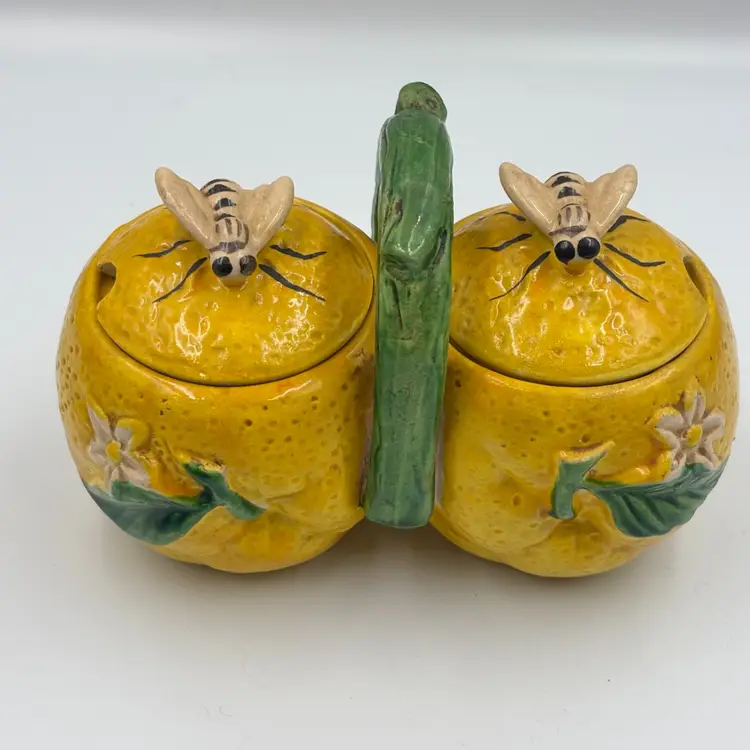 Vintage ESD Japan Ceramic Lemon & Bees Condiment Set 4.5”x6.5”