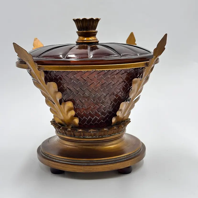 Vintage Lidded Decor Urn W/ Metal Leaves Amber Acrylic Encased Bowl On Resin Base
