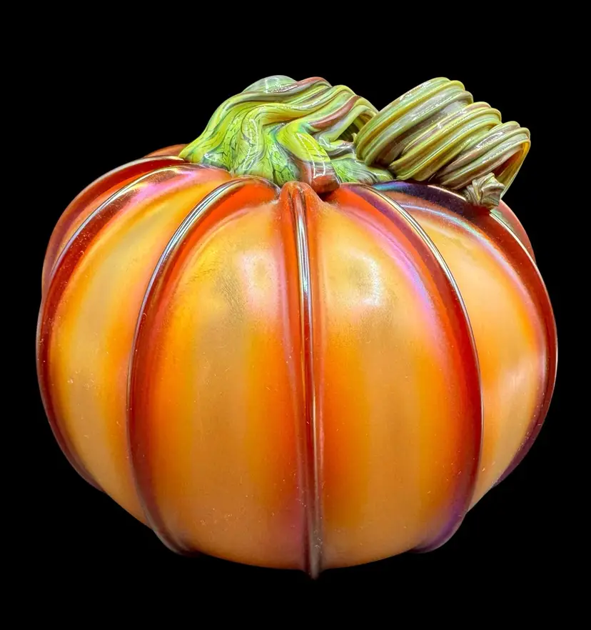 Signed John Cook Vintage Studio Art Glass Large Pumpkin Sculpture Iridescent 6”