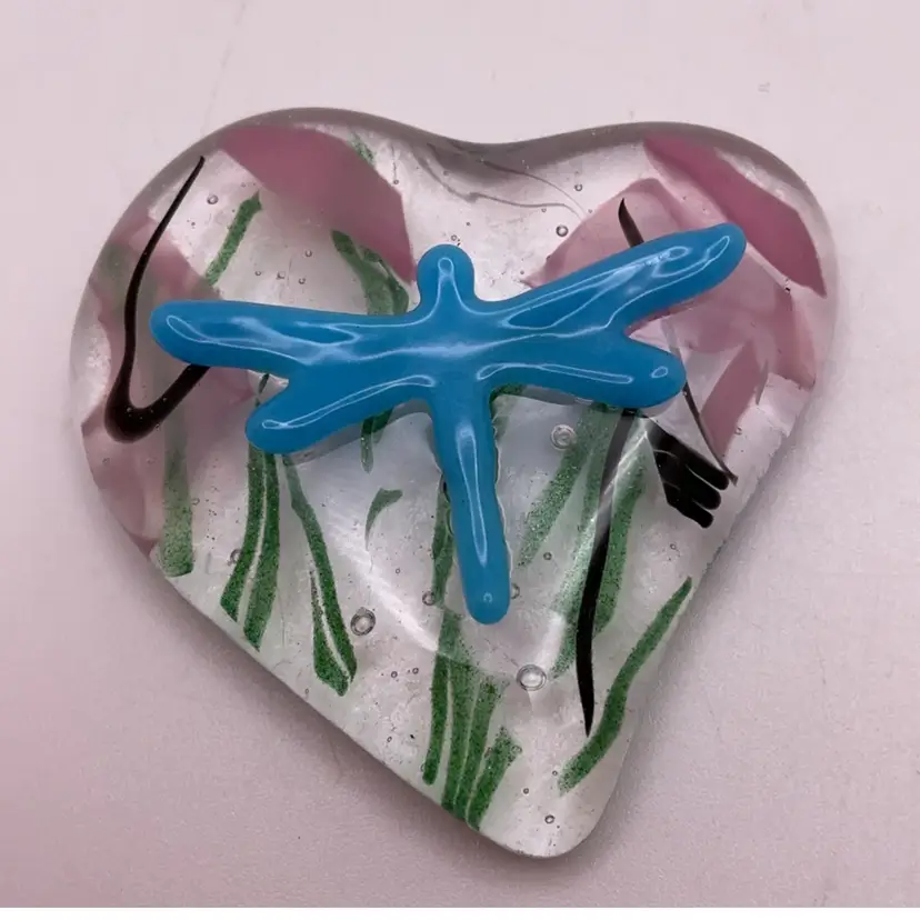 LBB Made by Me! Fused Glass Heart 3D Blue Dragonfly on Pink Confetti 2" Handcrafted Studio Art