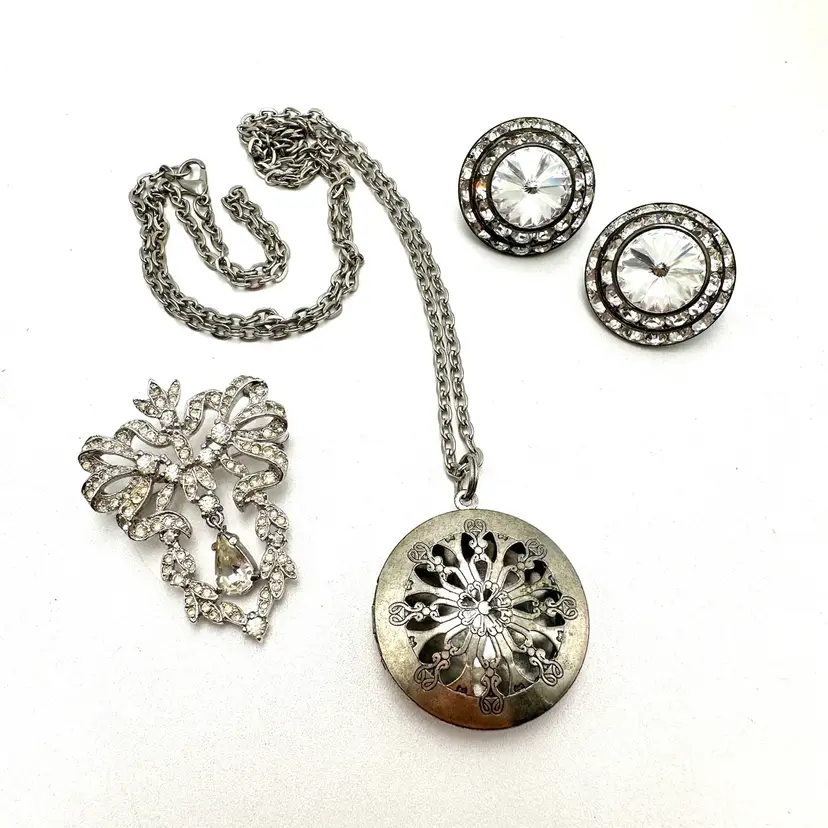 Locket Clip Earrings Brooch Pendant Silver Tone Paired Bridgerton Inspired Jewelry Lot