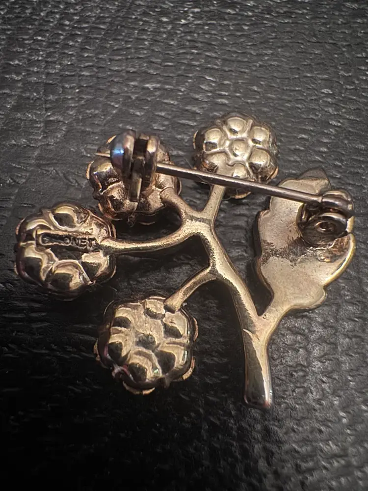 Vintage Monet Purple Rhinestone Hydrangea Flower Brooch Enamel Leaf