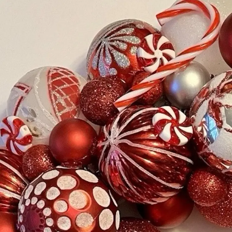 Vintage RED WHITE Mixed Ornament Wreath Christmas Holiday CUSTOM Handmade 15"