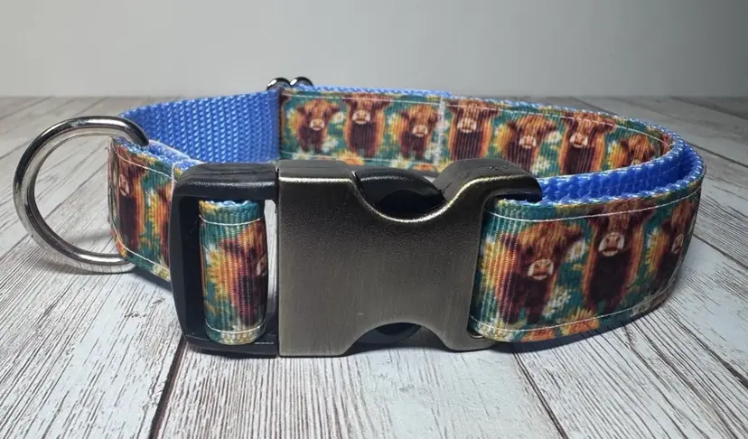 Dog Collar Highland Cow Blue Large Handmade Heavy Duty W/Buckle NEW