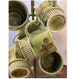 SET OF 6! Mid-Century Green Stackable Mugs Brown Butterfly Flower w/METAL HOLDER