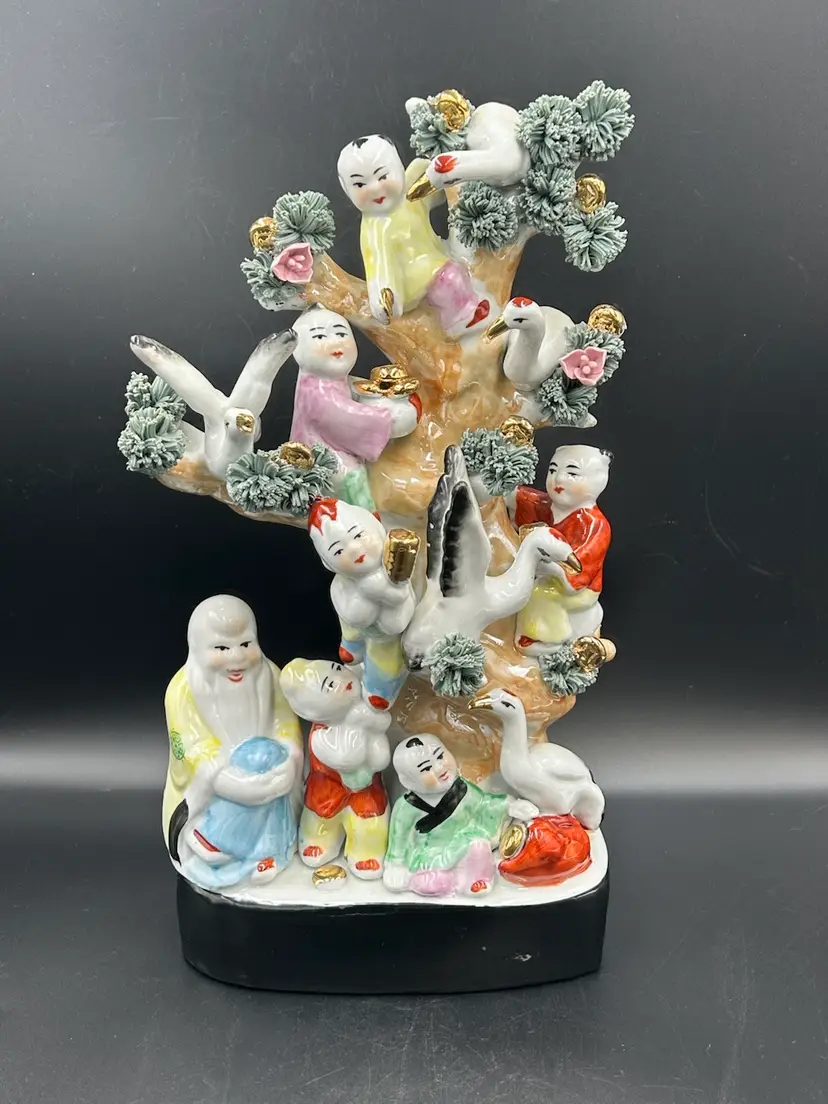 Vintage Chinese Porcelain Fertility & Prosperity Tree Figurine Statue