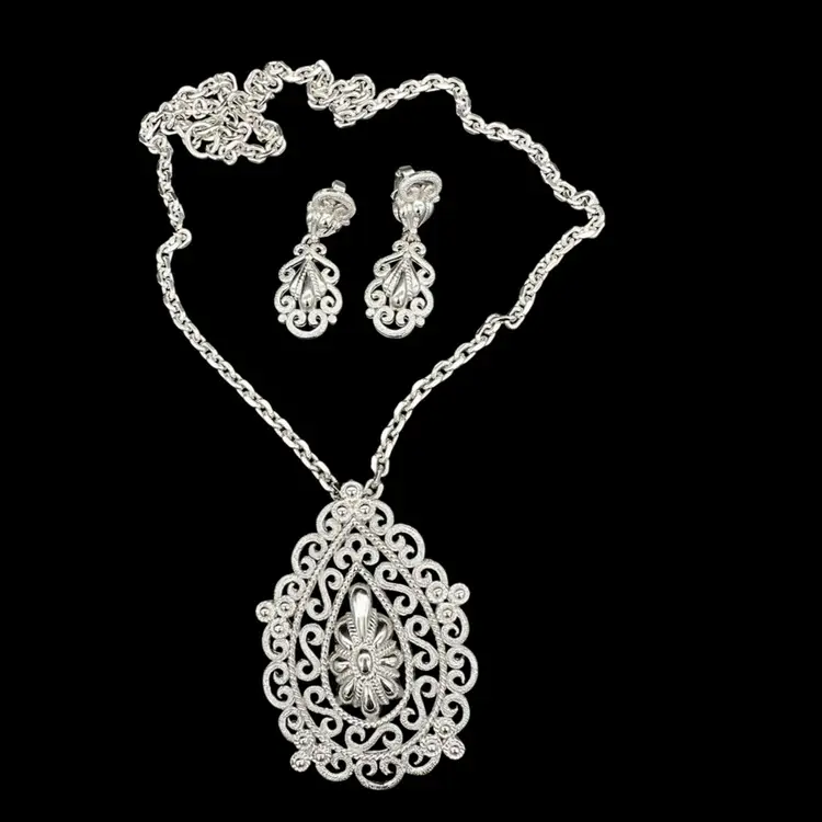 Vintage Estate CROWN TRIFARI Necklace & Clip-on Set, Silver Tone Filigree Signed