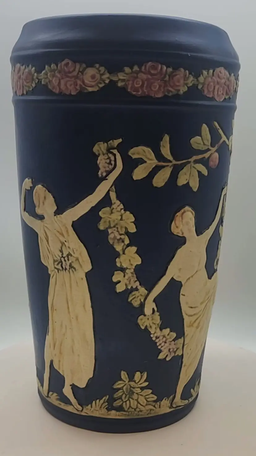 VINTAGE WELLER POTTERY POTTERY LG BLUE WARE DECORATED VASE
