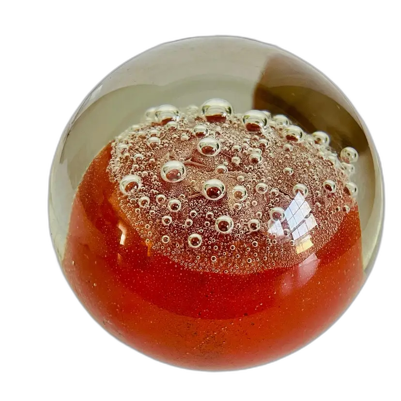 Art Glass Paperweight w/ Bubbles Red Magma Colored Interior Handmade Lithuania