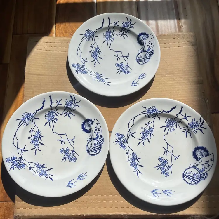 Antique Royal Doulton Burslem Porcelain Blue White Salad Plates Set 3 9.5" Aesthetics Period