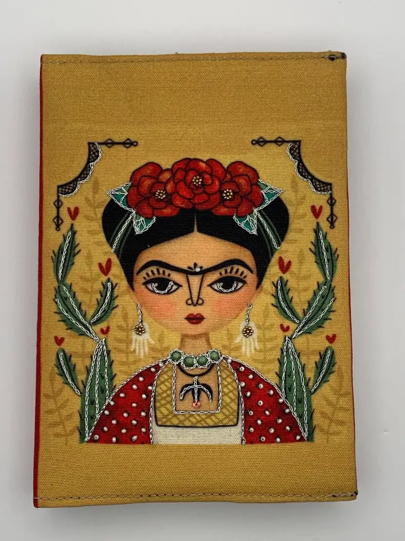 Frida Kahlo Notebook Cover With New Lined Notebook. Beaded Details On Front. Fabric Cover