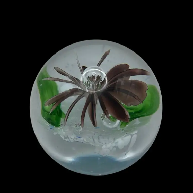 Art Glass Paperweight With A Floral Design, 3.5” Diameter
