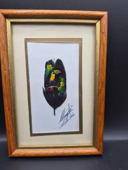 Hand-Painted Toucan Feather Art In Wood Frame 6.5x4.5 Inches Signed Jose Garro