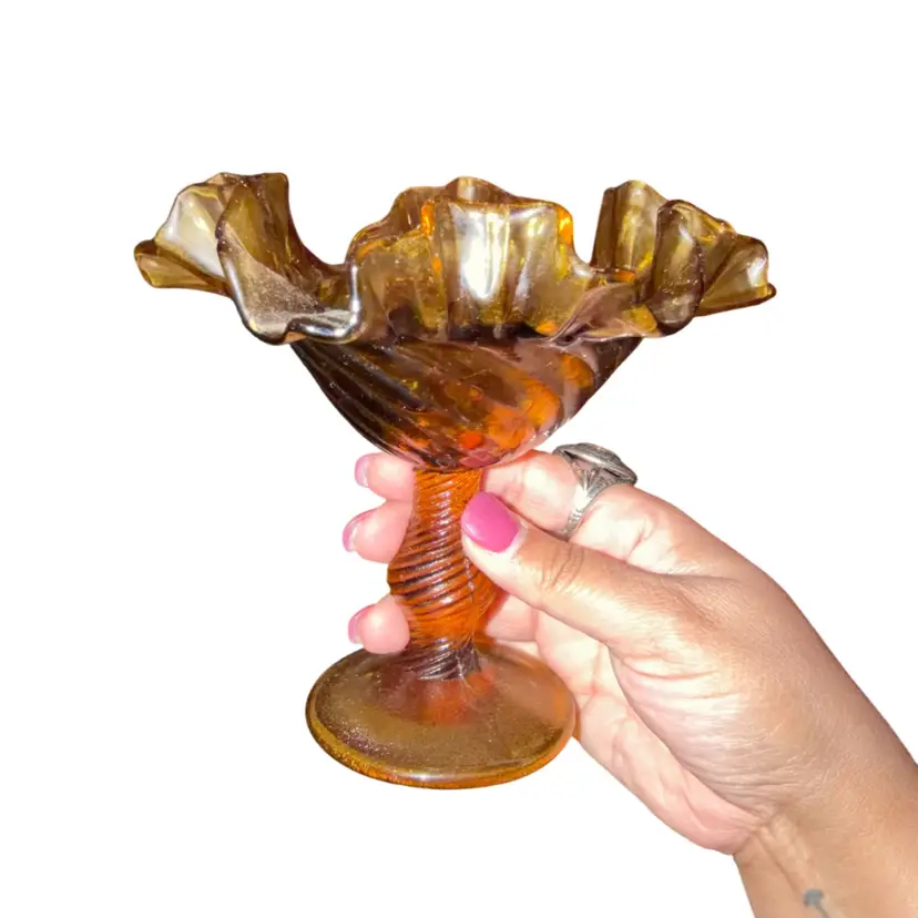 Vintage Amber Glass Ruffled Edge Pedestal Swirl Candy Dish Compote