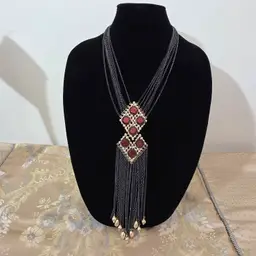 # 039 Chico's Multi Black Chain Strands To Double Diamond Pattern Ling Tassel Necklace