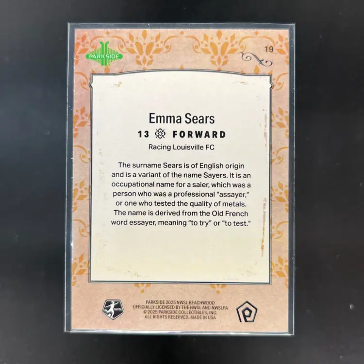 Emma Sears 2025 Parkside Beachwood Brand Lineage Soccer Card