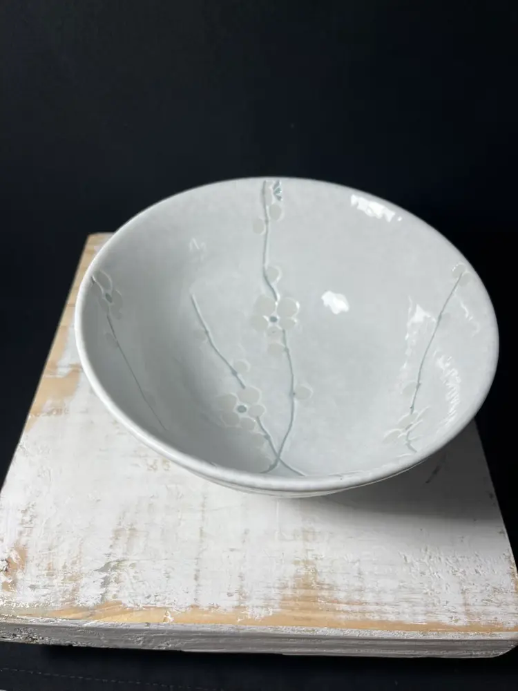 White Ceramic Bowl With White Cherry Blossoms And Blue Stems