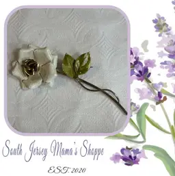 Vintage Gold Tone White Enamel Rose With Green Enamel Leaves Brooch