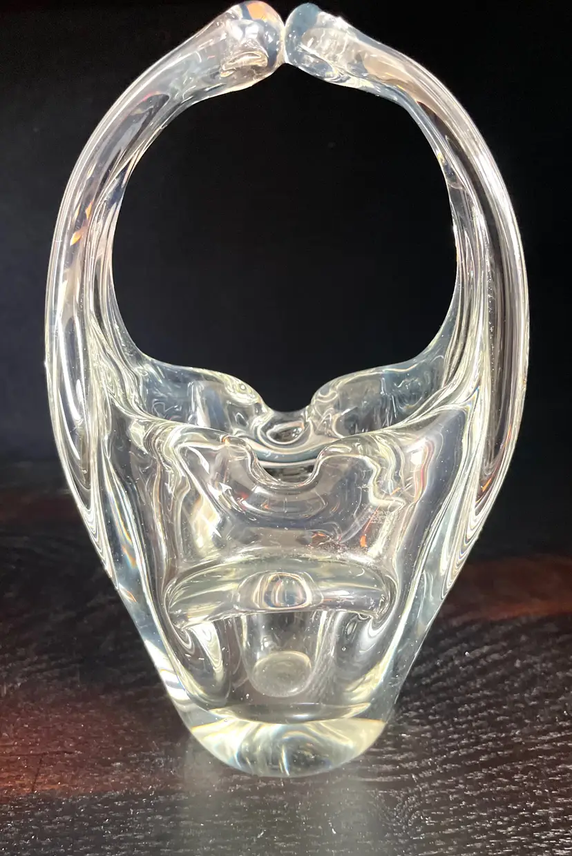 Hand Blown Clear Art Glass Split Handled Basket, Vase, Candy Dish.14.