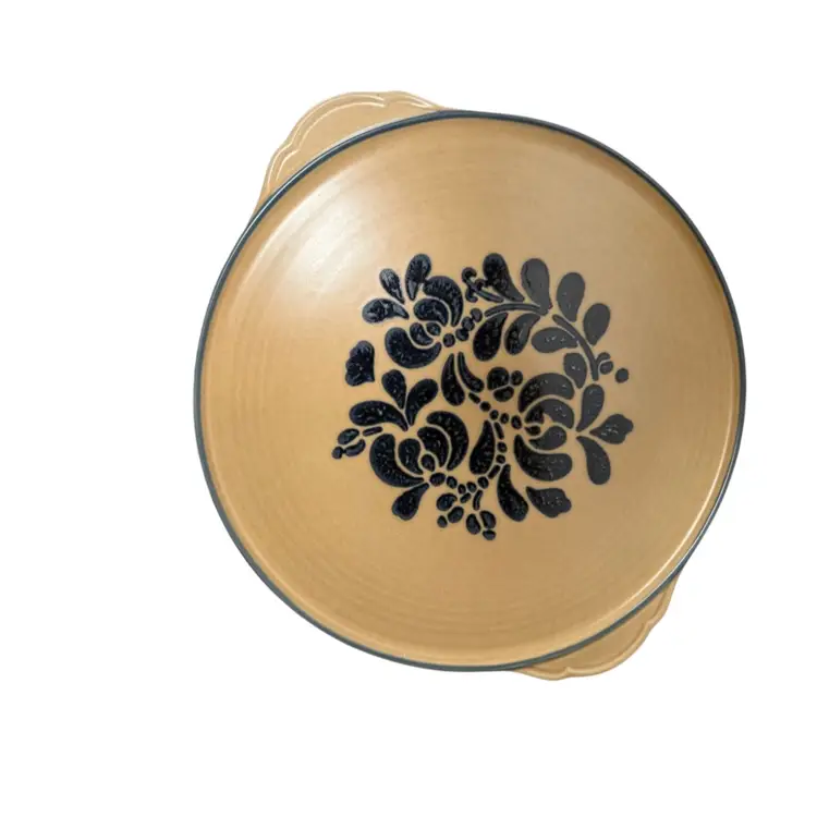 PFALTZGRAFF HANDLED CAKE PLATE FROM FOLK ART COLLECTION BLUE FLORAL DESIGN ON STONEWEAR EARTHTONE BACKGROUND, 13x11 3/8” EXCELLENT COND.(Please See Photos).