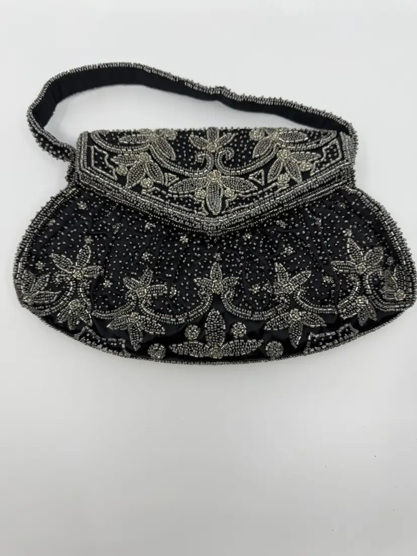 Vintage Black & Silver Beaded Purse W Strap Handle France