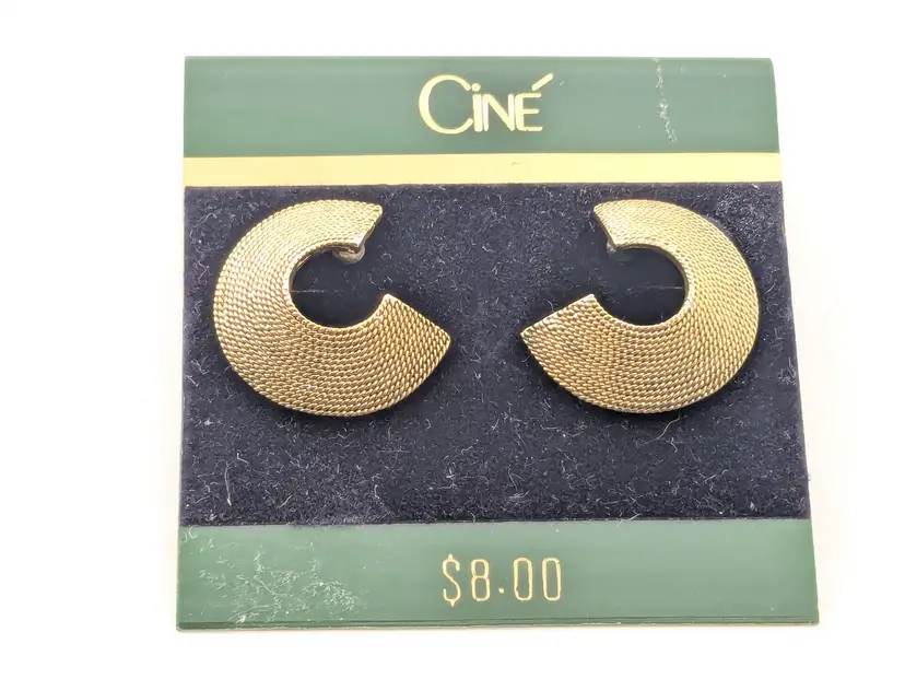 Vintage Ciné Gold Tone Textured Half-Circle Earrings NOS