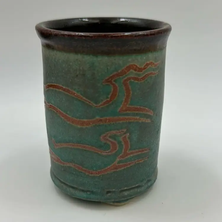 Hand Made Pottery Vessel Beautiful Teal Green With Some Very Wax Resist Art Work Has A Makers Mark Foster  Very Well Made
