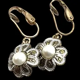 Vintage Damascene Clip On Dangle Earrings Marked Spain