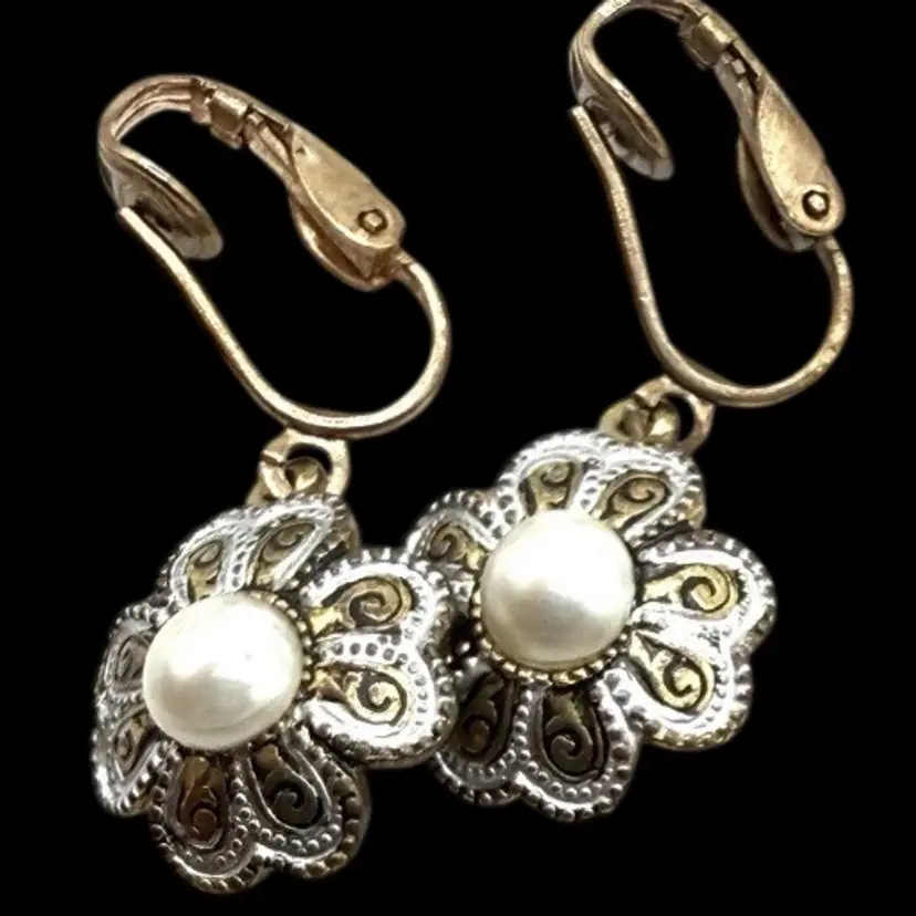 Vintage Damascene Clip On Dangle Earrings Marked Spain