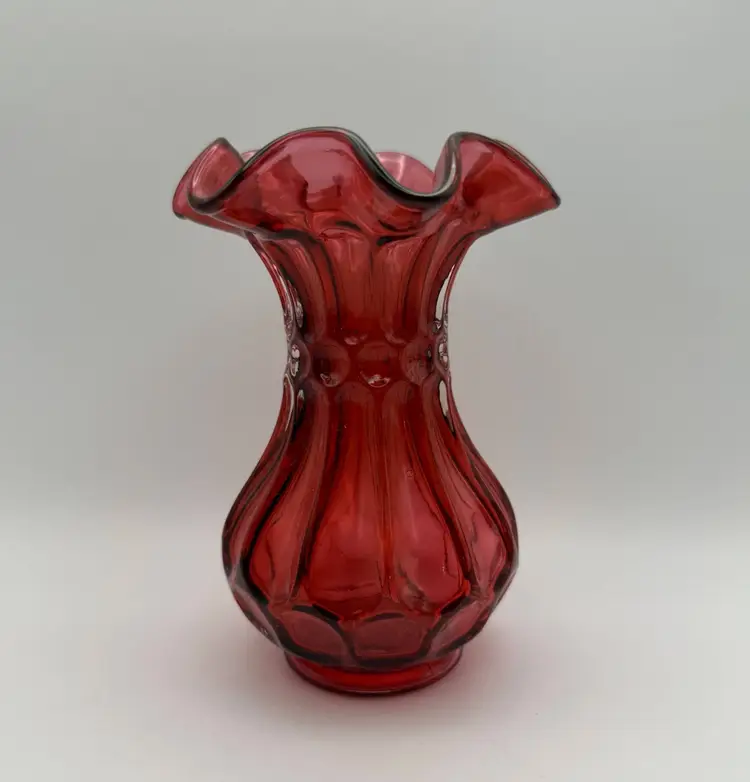 Vintage Fenton Country Cranberry Dot And Flute Ruffled Edge Vase 5in Tall