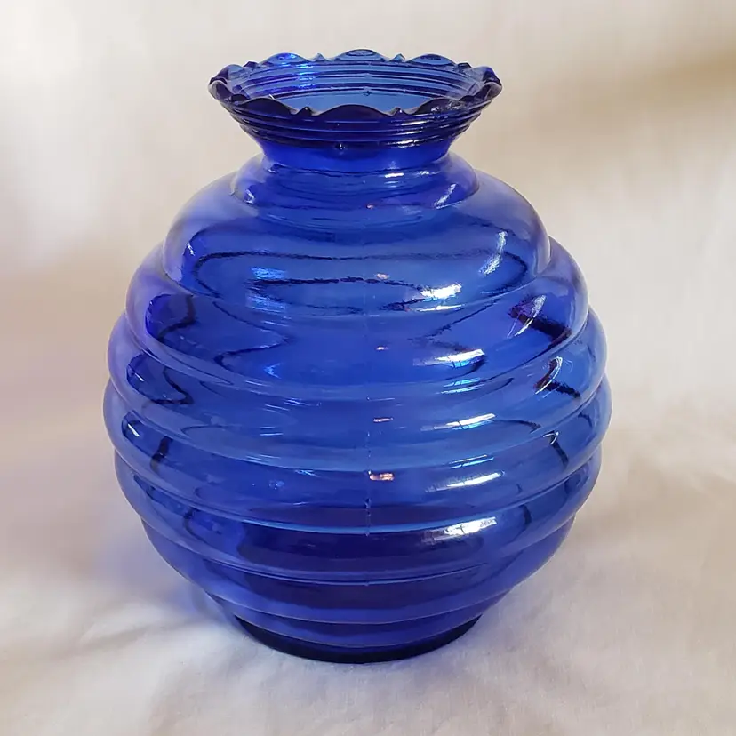 Indiana Cobalt Blue Art Glass Ringed Beehive Ivy Ball Vase Rose Bowl Marked USA