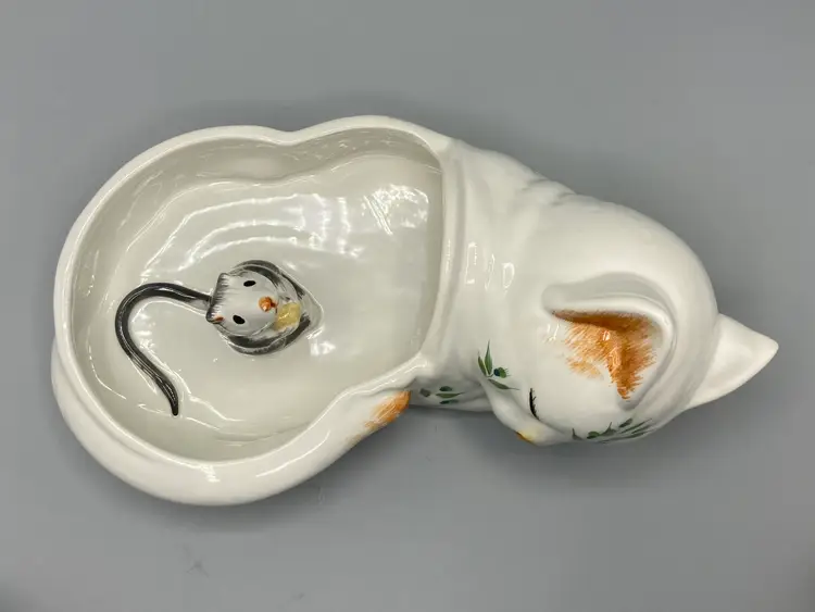 Vintage Meiselman Imports Italy Hand Painted Sleeping Cat Figurine with Mouse - Trinket Box